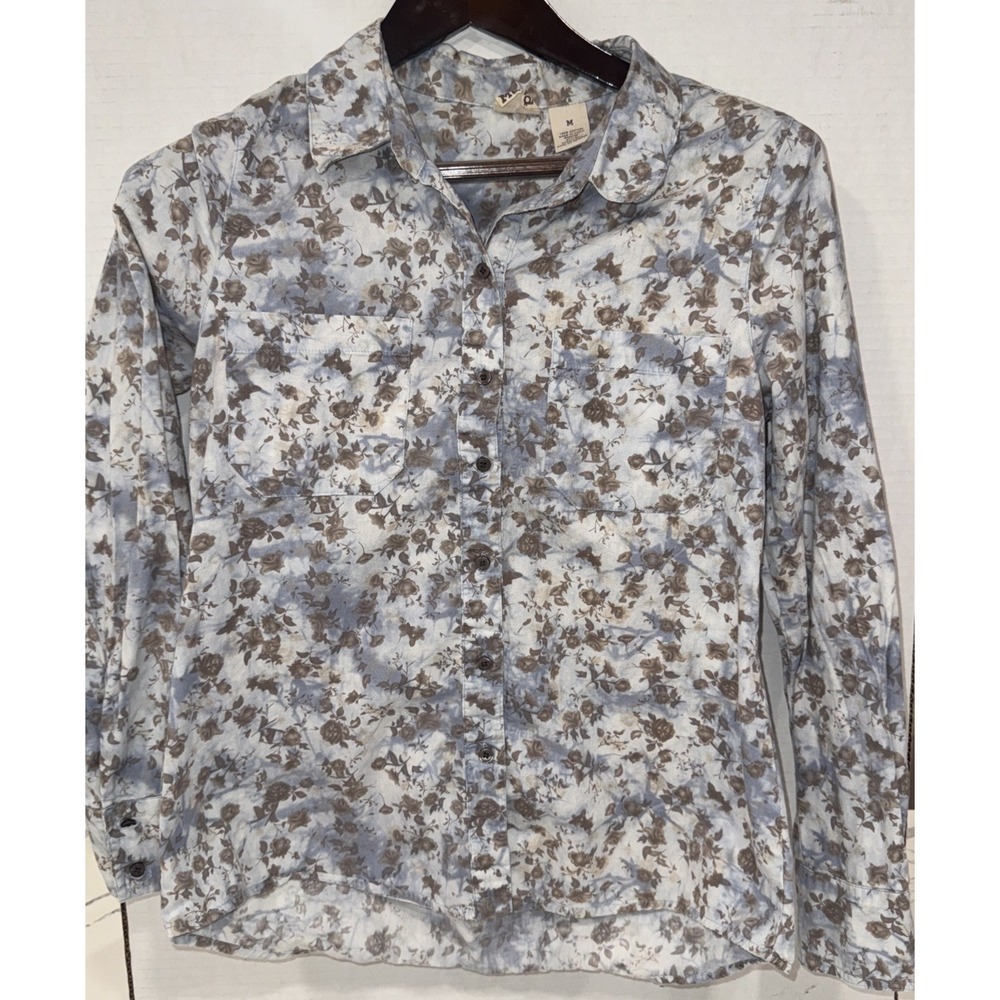 Mudd Womens Blue Brown Floral Cotton Button Down Shirt Long Sleeve Size M